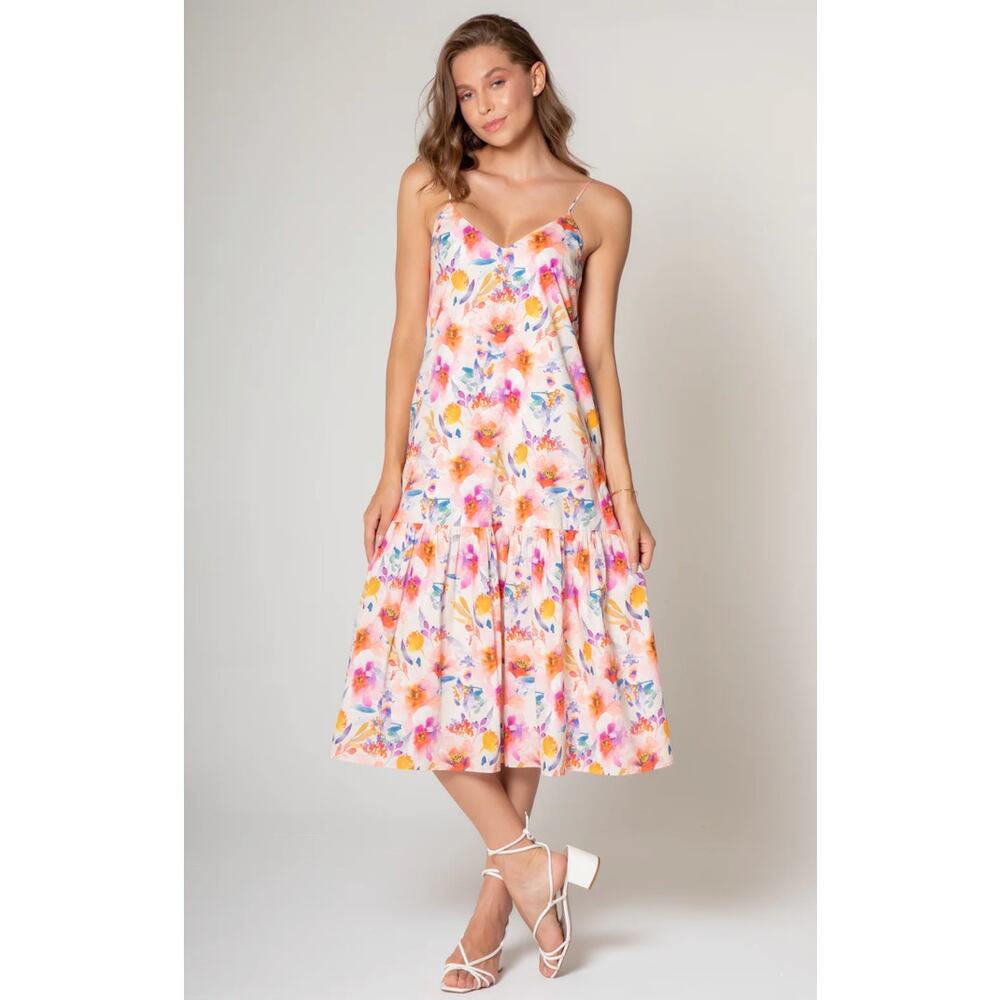 Lavender Brown Kai Midi Dress Floral Spaghetti Adjustable Strap Ruffle Hem XS